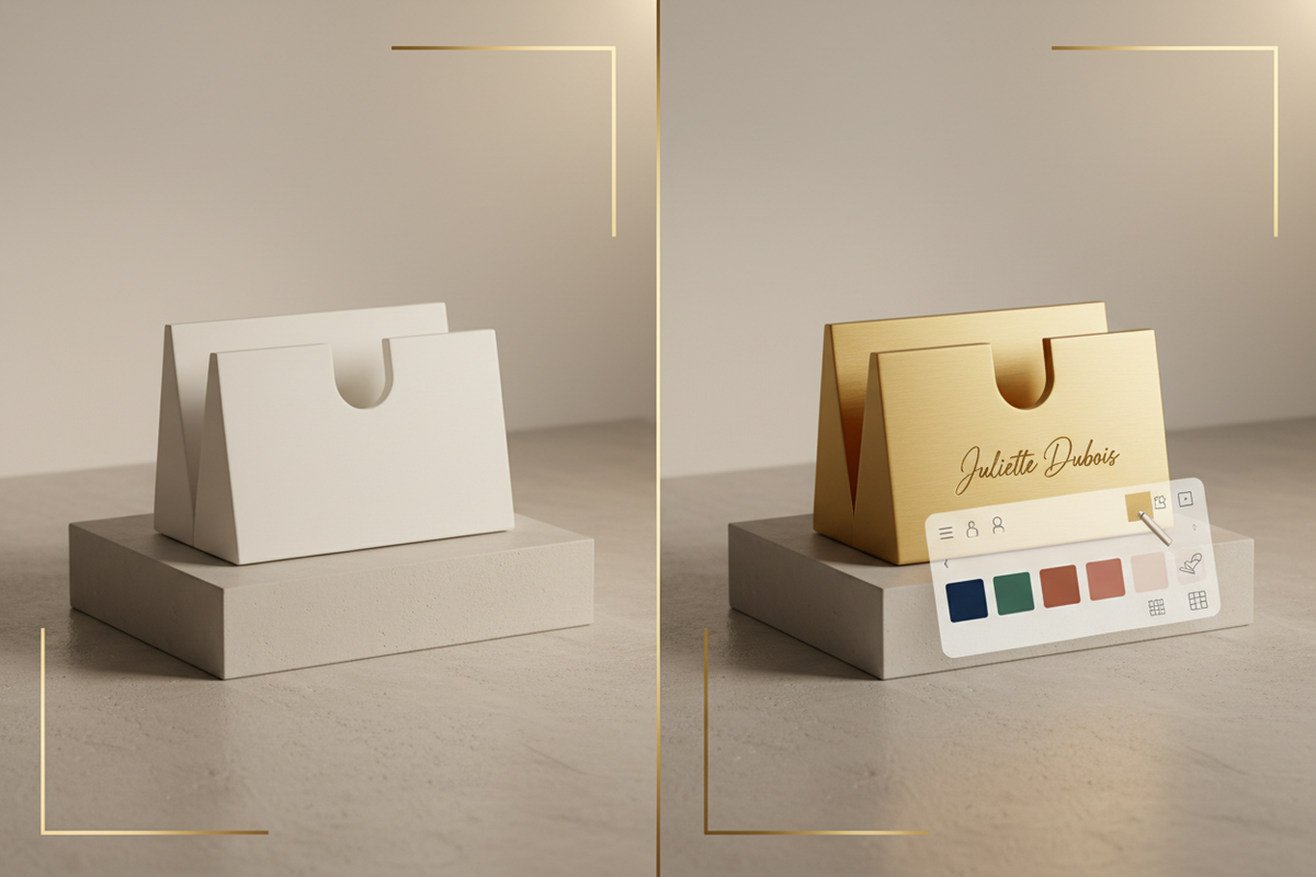 Porte-cartes de visite personnalisable imprimé en 3D - version blanche et dorée avec prénom gravé - MV3D